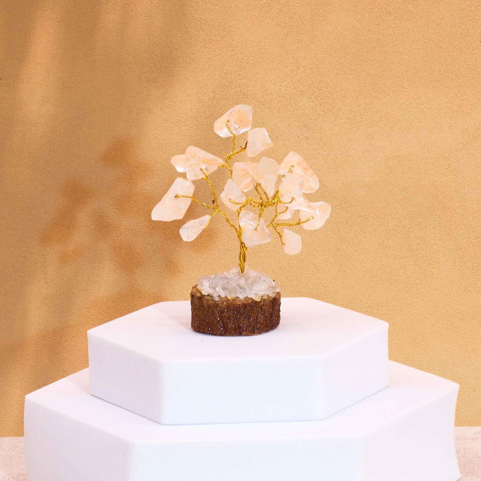 Mini rock quartz gemstone tree with 15 stones on a wood base
