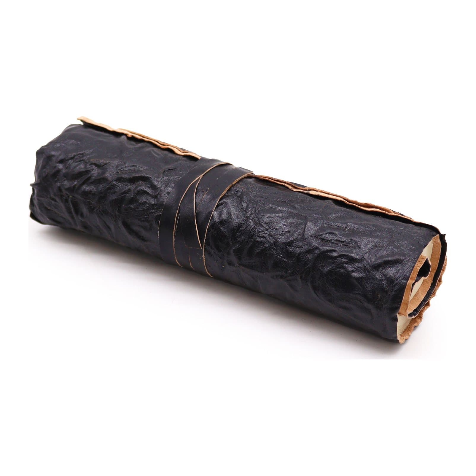 Rolled leather travel notebook with leather strap closure