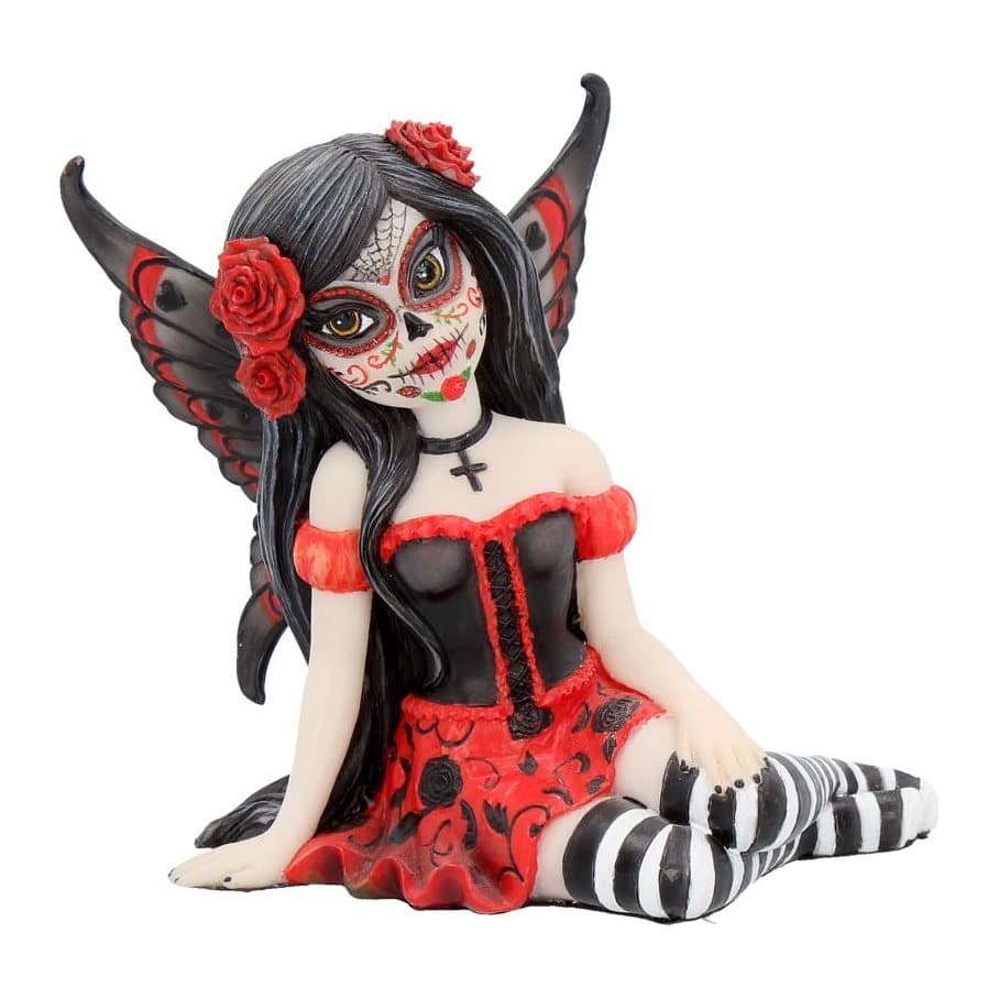 Rosalia sugar skull fairy figurine in a black corseted dress and red rose skirt