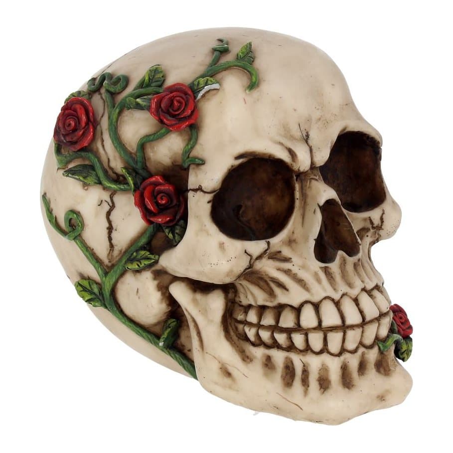 Natural-coloured resin skull covered in vines and red roses