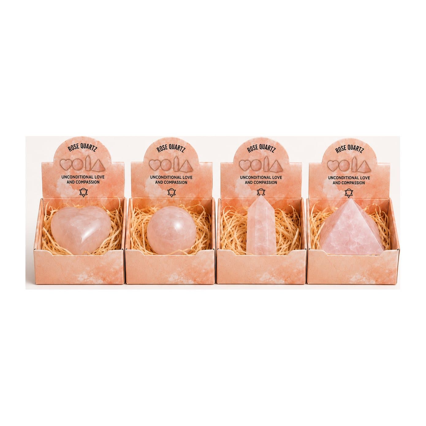 Rose quartz heart, sphere, obelisk and pyramid set