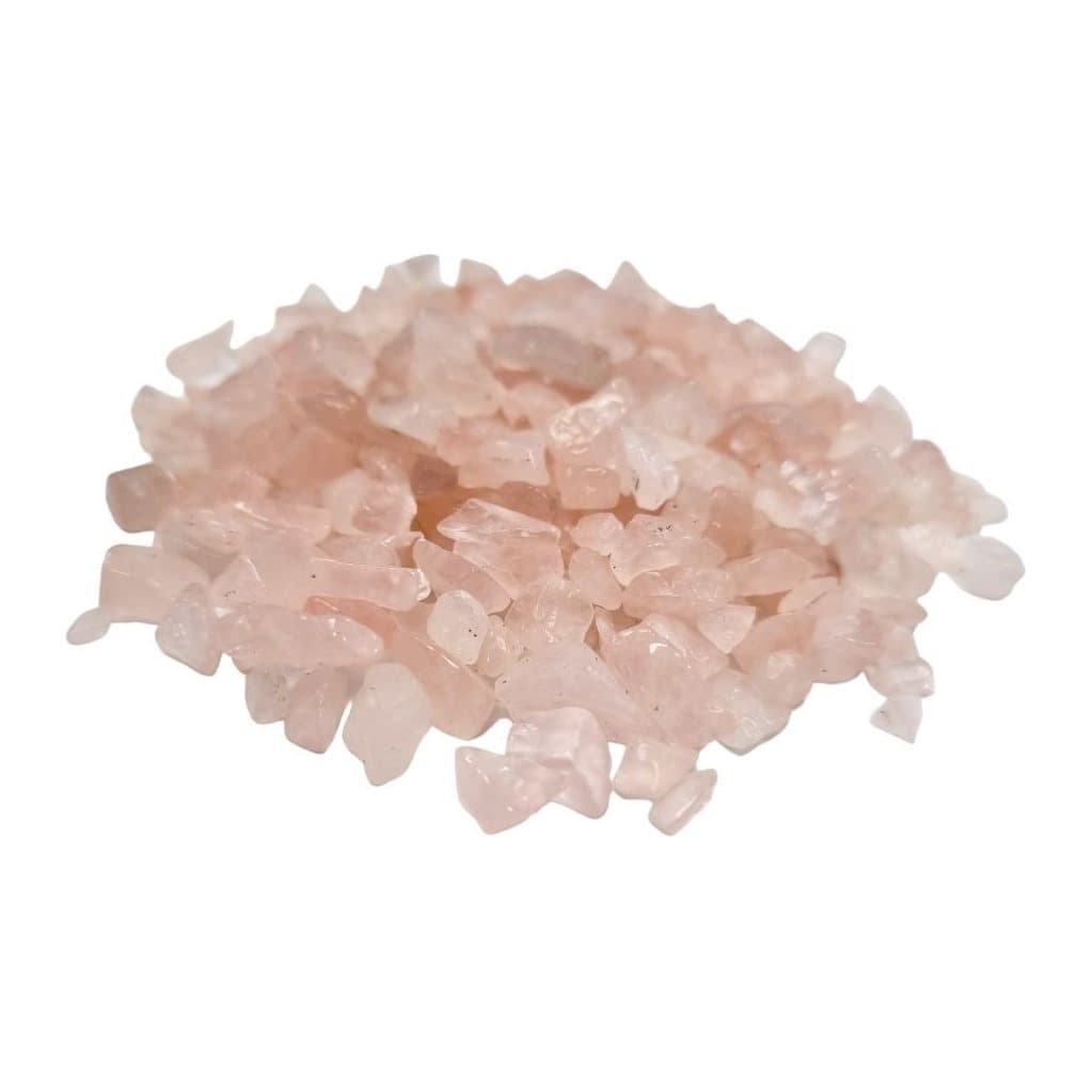 Pile of pale pink rose quartz gemstone chips