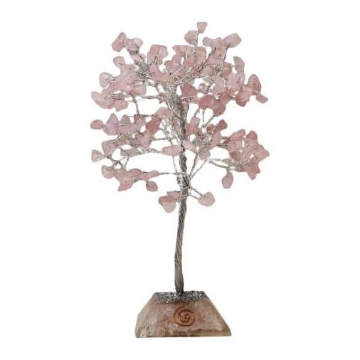 Small gemstone tree with pink rose quartz chips on a resin orgonite base