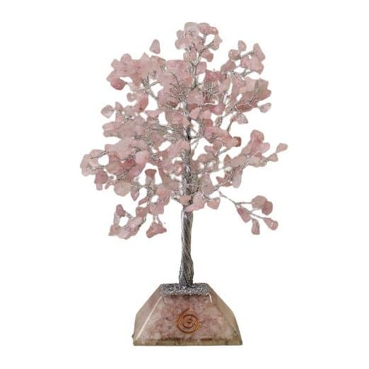 Rose quartz gemstone tree of pink chip stones on an orgonite base
