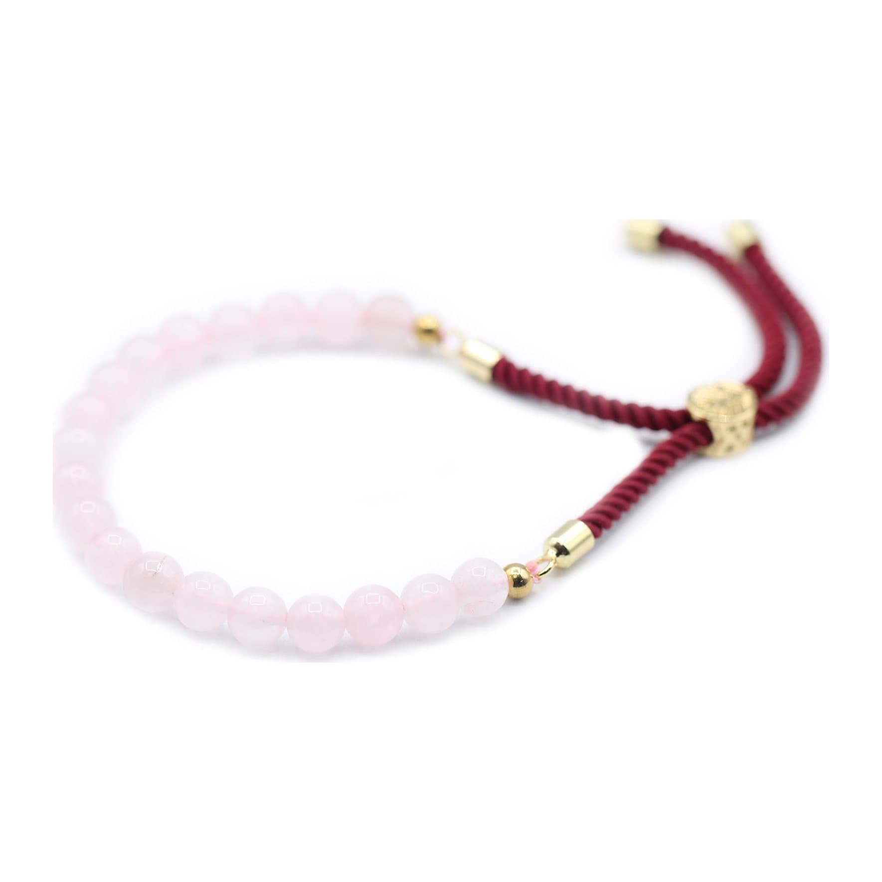 Rose quartz bracelet on bordeaux string with a gold plated sliding toggle