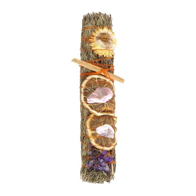 Hand-tied 9in herb bundle of rosemary, lavender and orange with a raw crystal