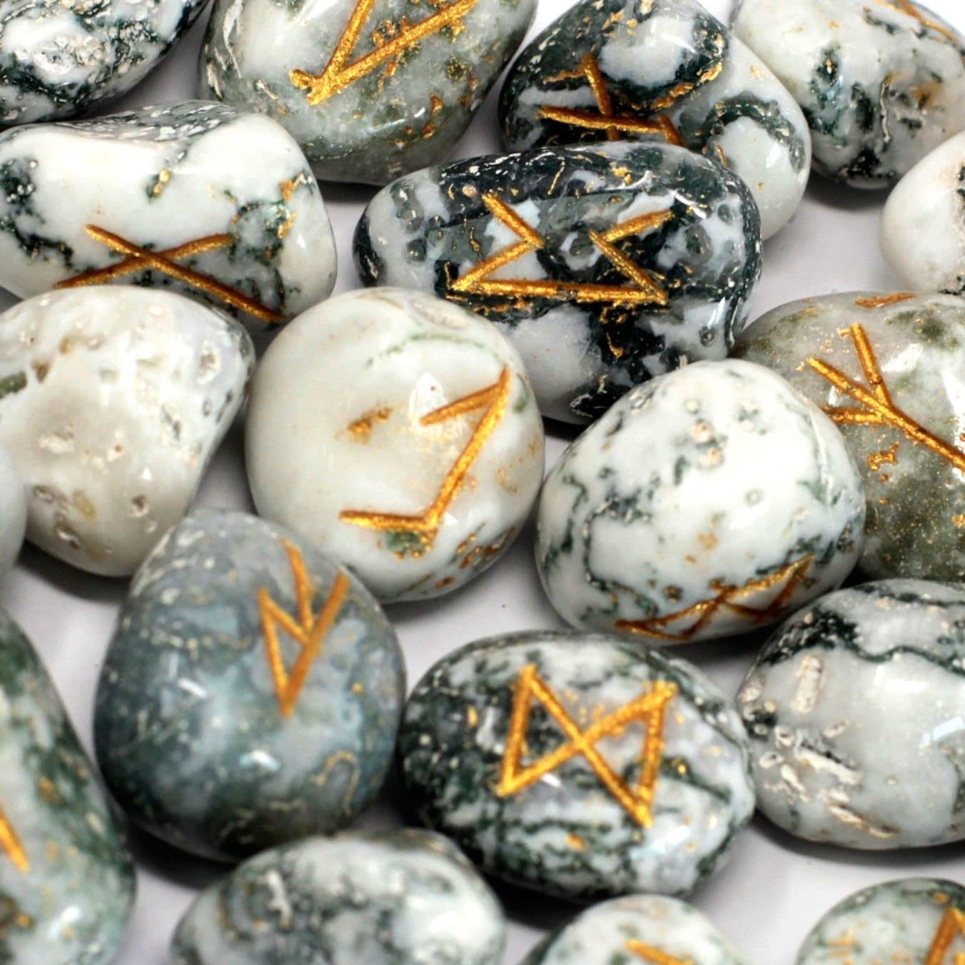 Set of 25 tree agate rune stones with a pouch