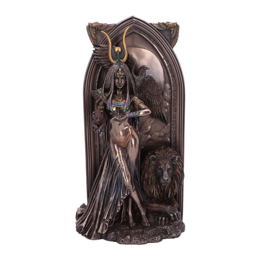 Ancient Egyptian priestess figurine with a lion, an eagle and a cat