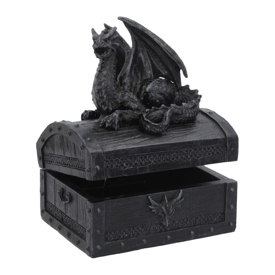 Small dragon sitting on top of a black treasure chest