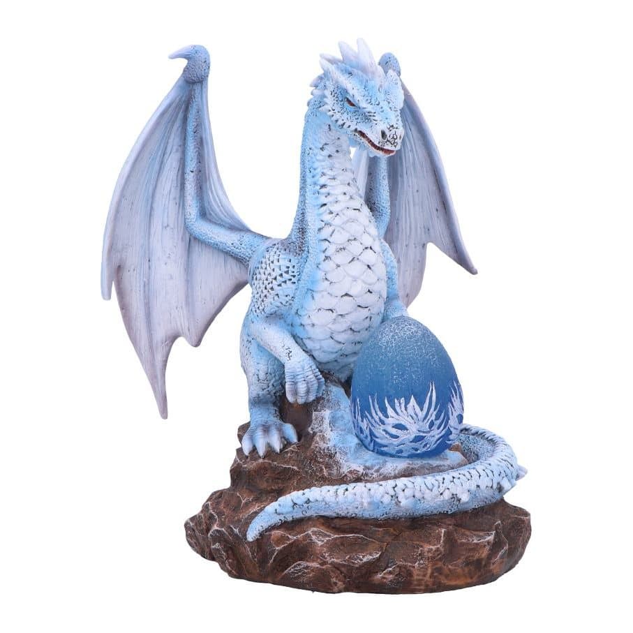 Hand-painted ice dragon figurine perched beside a glowing egg