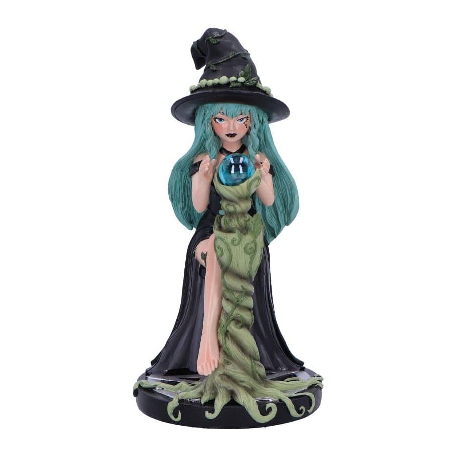 Sage witch figurine in a black dress and leafy hat with turquoise hair