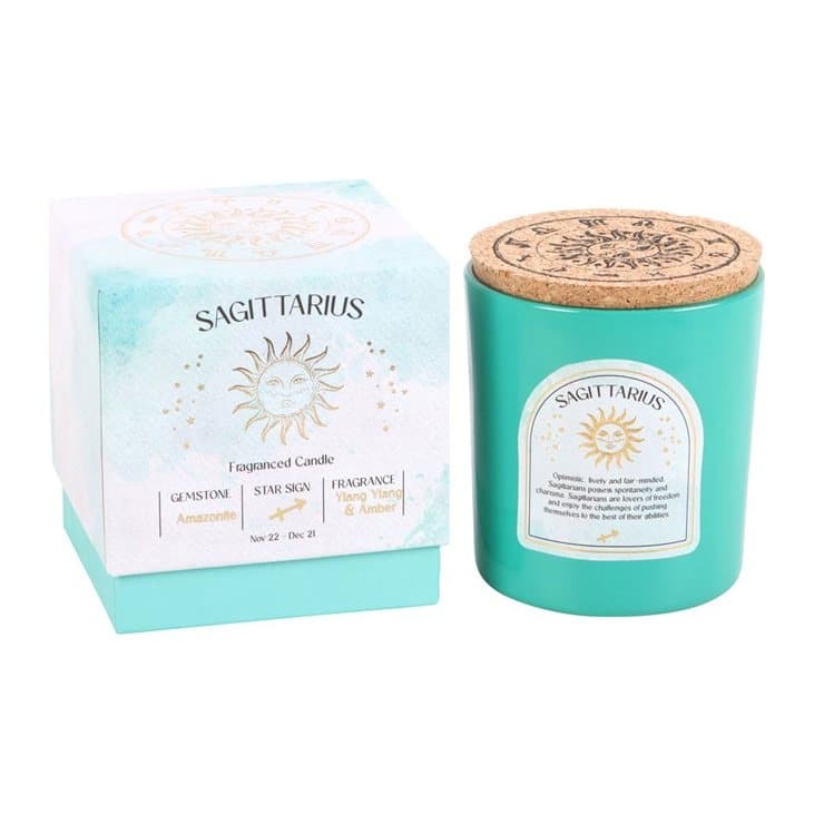 Sagittarius zodiac candle in glass with amazonite chips and a matching box