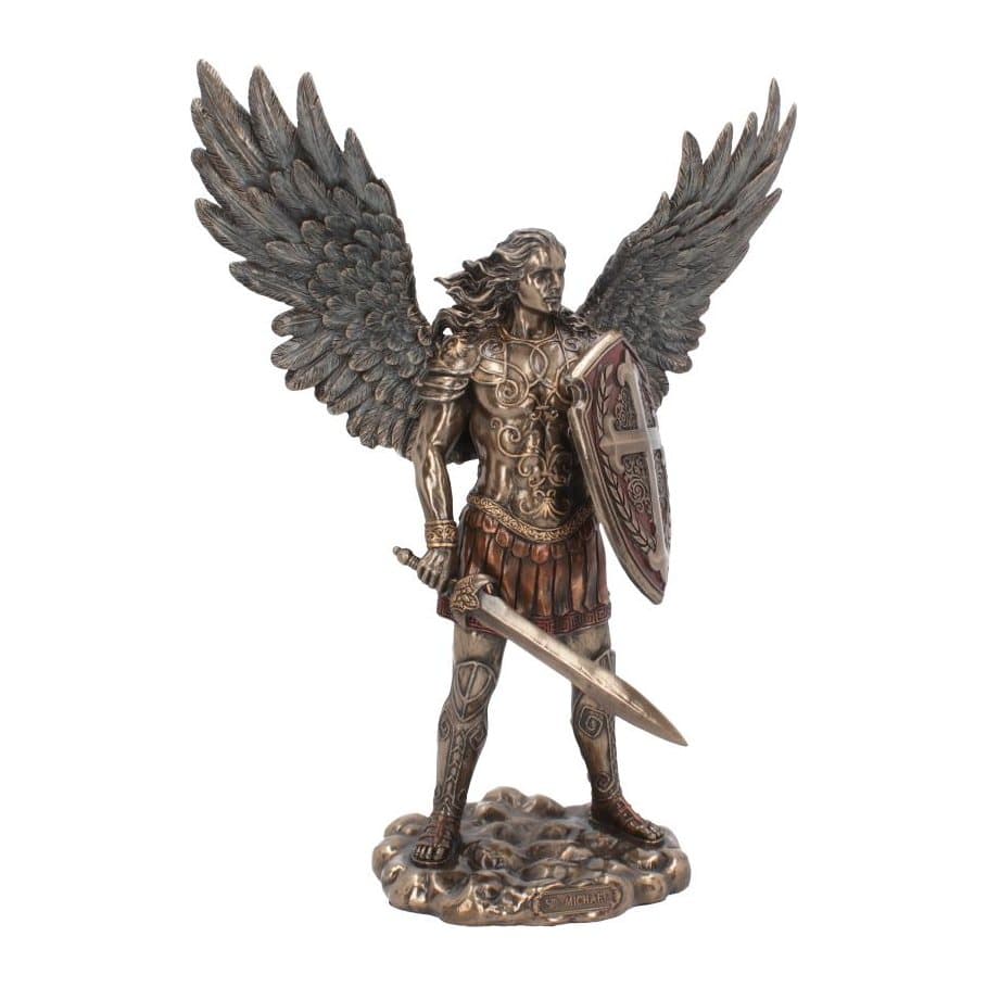 Bronze figurine of Archangel Michael with sword, shield and spread wings