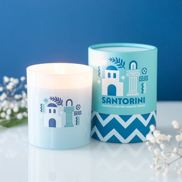 Santorini coconut and sea salt glass candle with colour cardboard box