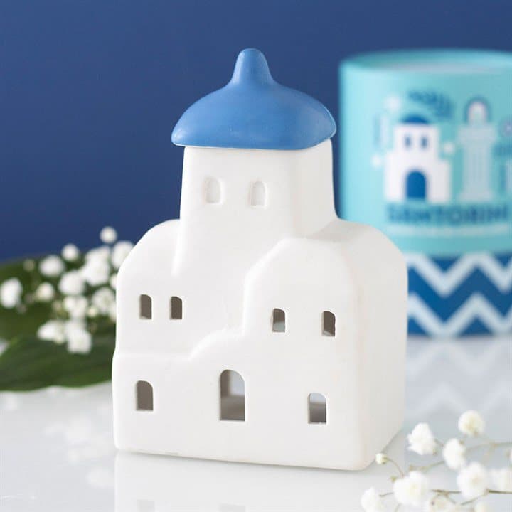 Ceramic Santorini oil burner and wax warmer with a lid