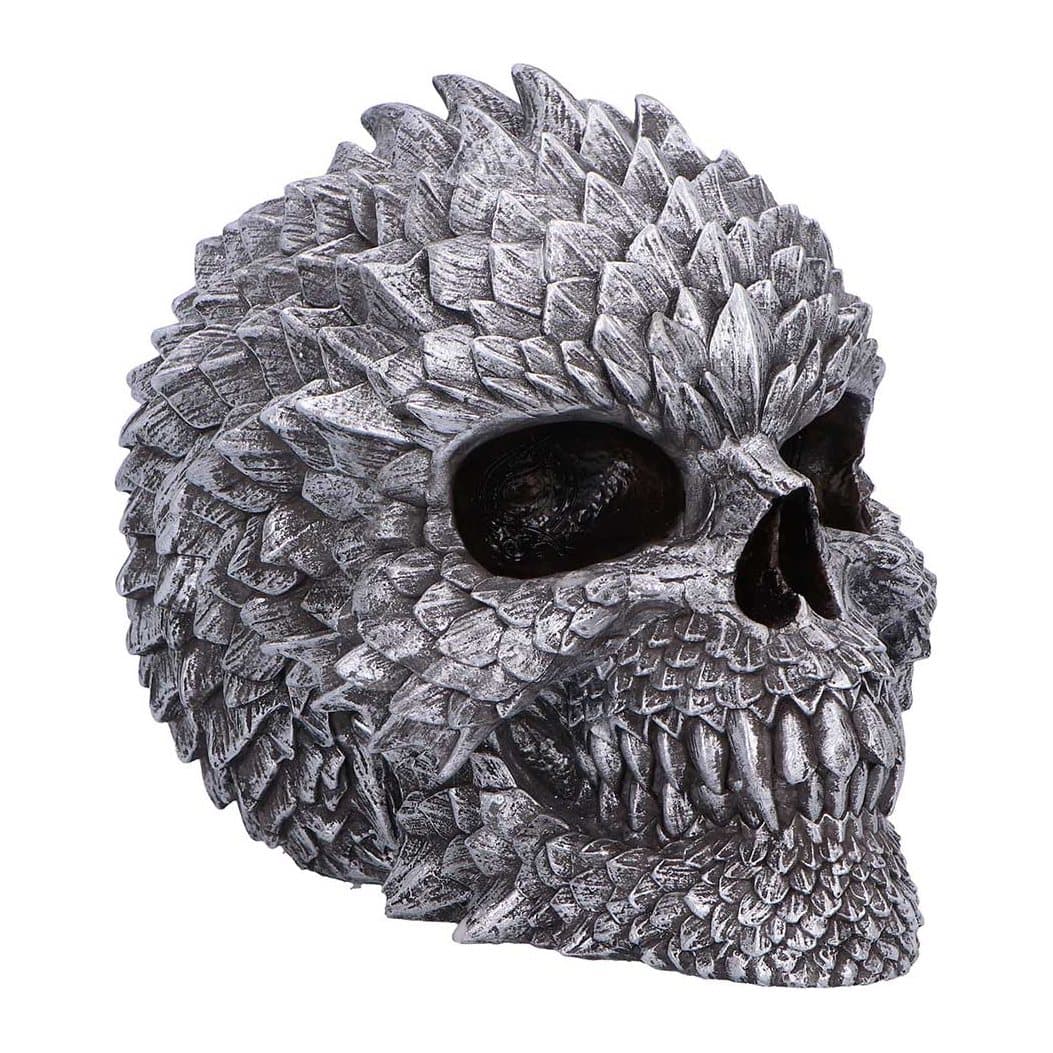 Gothic skull figurine covered in grey withered scales