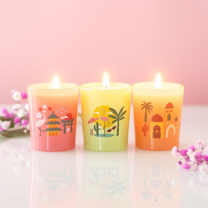 Scented candle trio in a colour cardboard box with a window