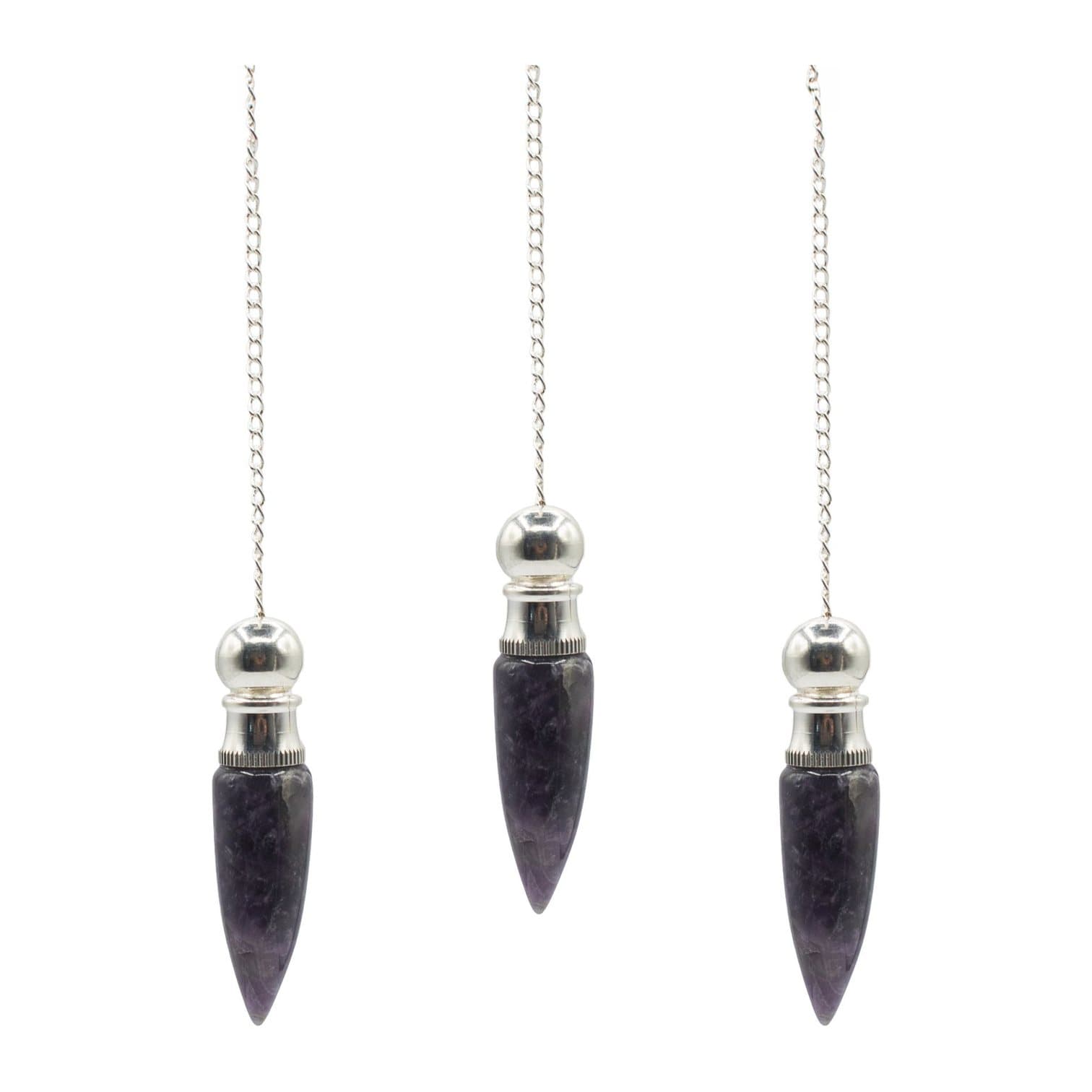 Pointed purple amethyst pendulum with a silver-plated finish