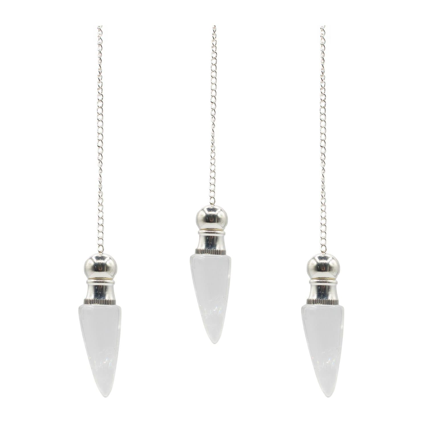 Pointed clear quartz pendulum with silver-plated finish and hidden cavity