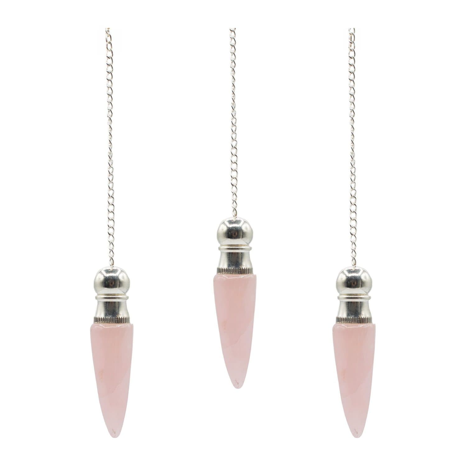 Pointed pink rose quartz pendulum with a silver-plated finish