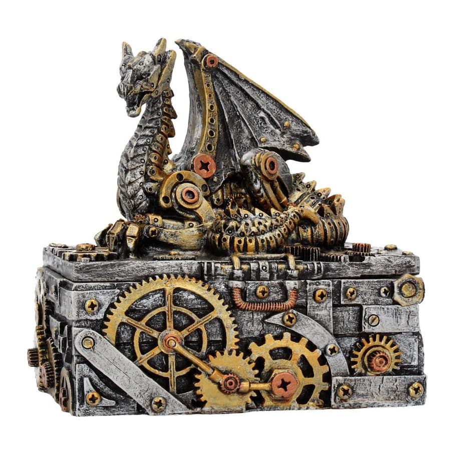 Steampunk resin box with gears and a mechanical dragon on top