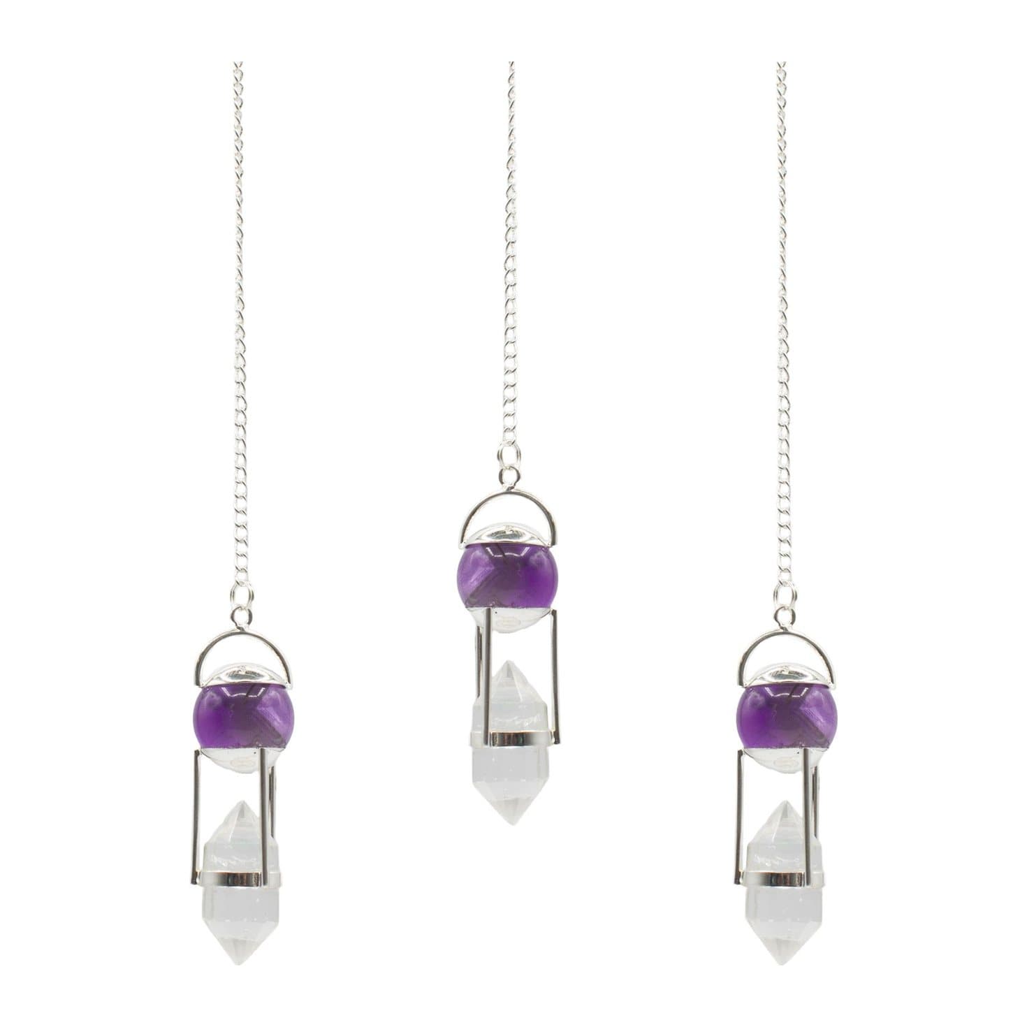 Pendulum with a purple amethyst globe and clear quartz point on a fine chain