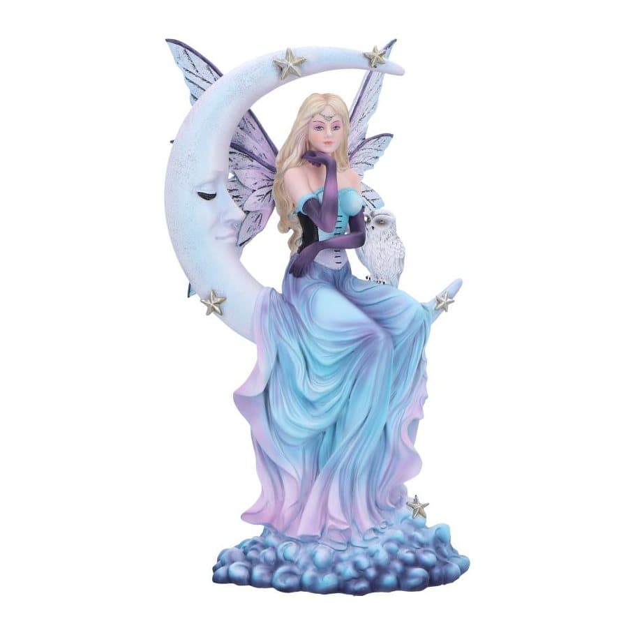 Fairy figurine on a crescent moon with stars and an owl on her lap
