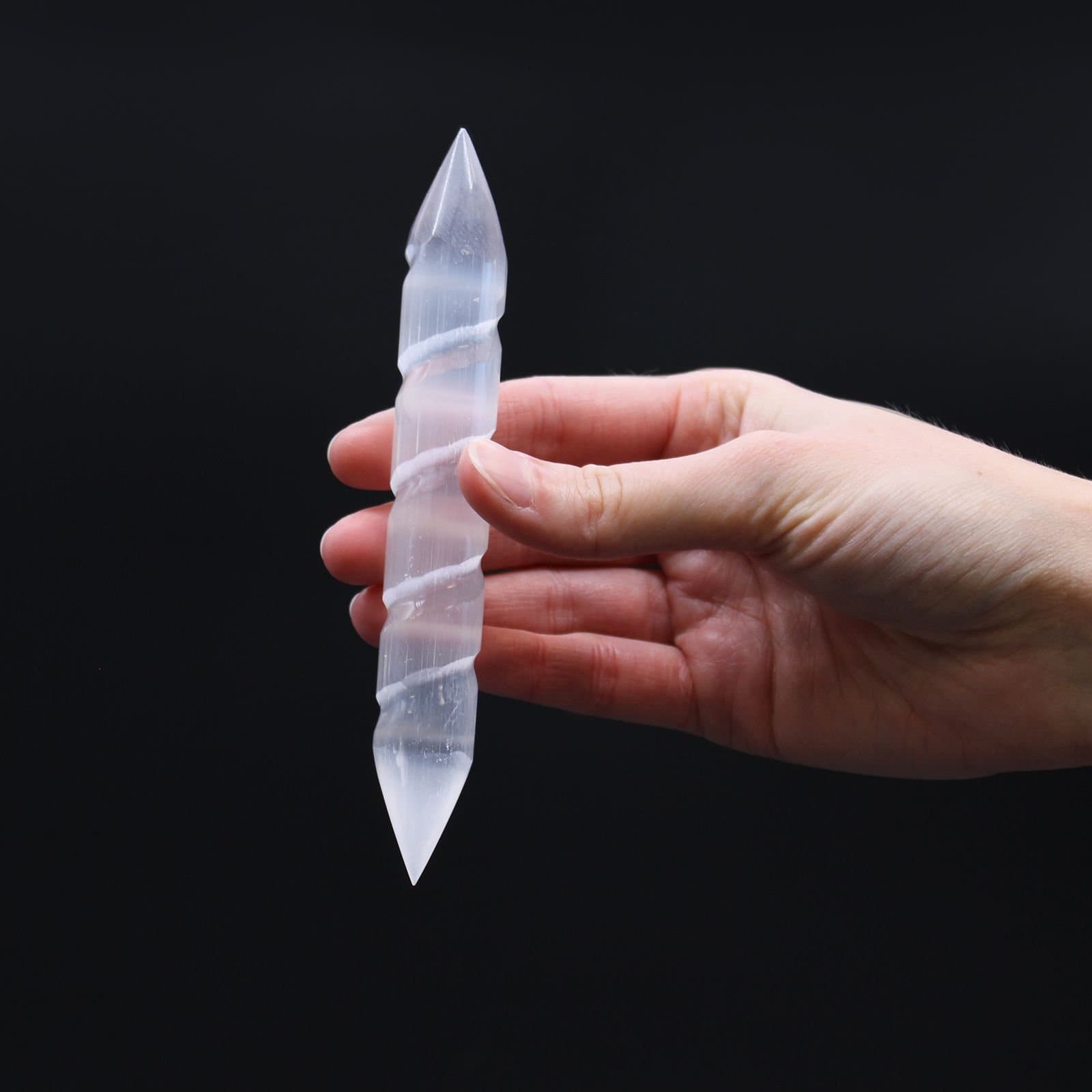 Milky white spiral selenite wand, 16 cm long, pointed at both ends