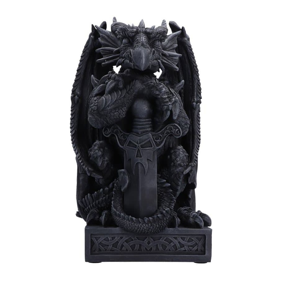 Grey stone-effect dragon figurine resting its forearms on a sword on a sturdy base