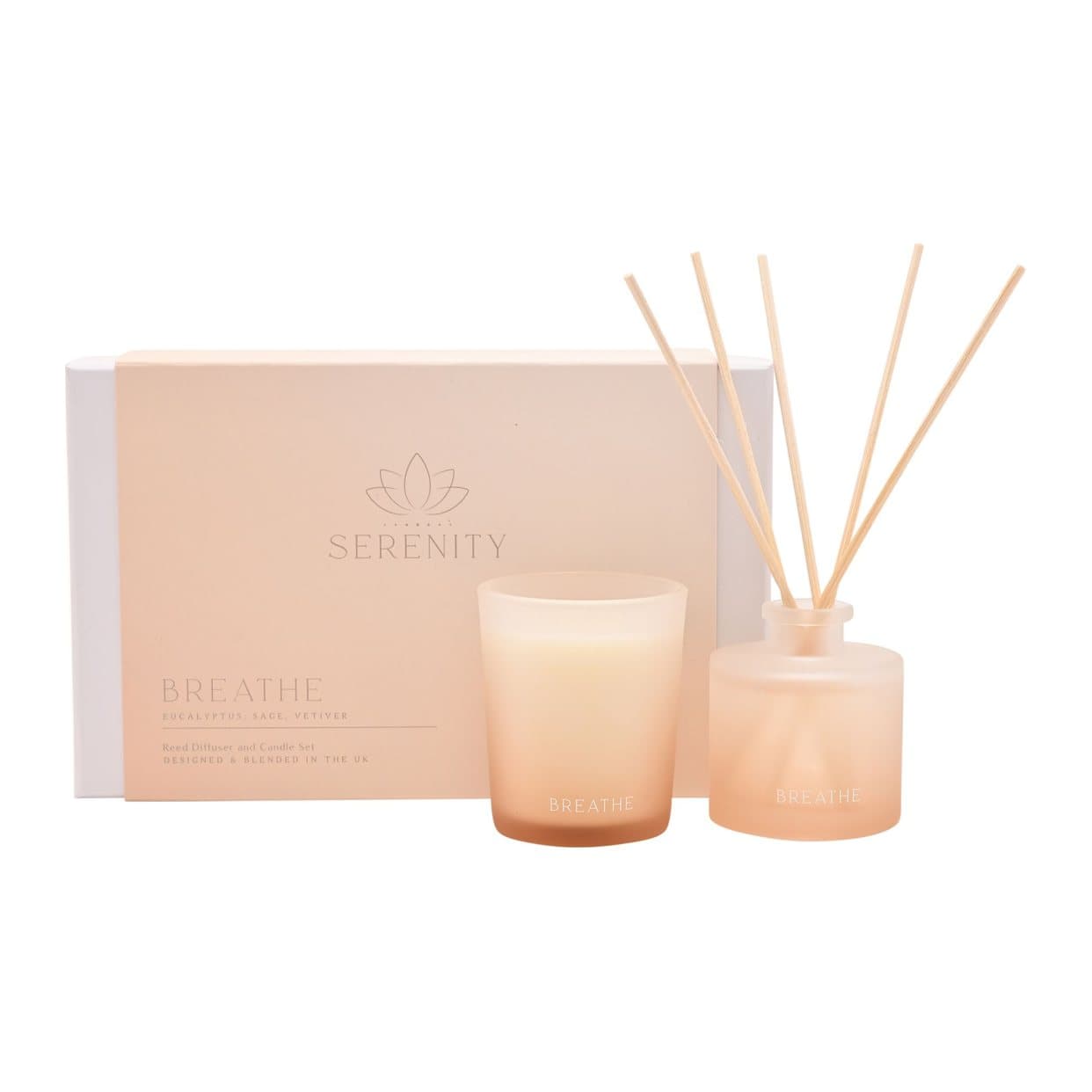 Serenity Breathe candle and reed diffuser set in soft peach packaging