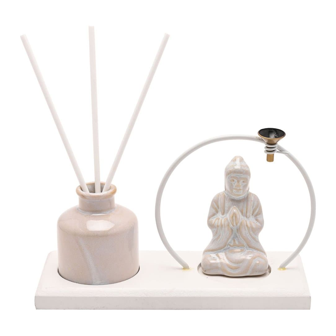 White ceramic Buddha with diffuser and incense cone holder