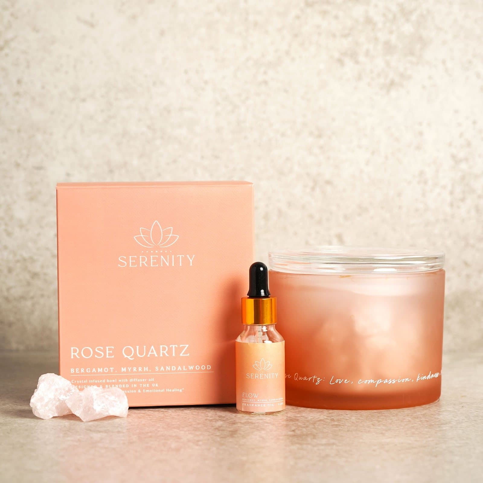Rose quartz crystal bowl diffuser set with pink jar, dropper bottle and gift box