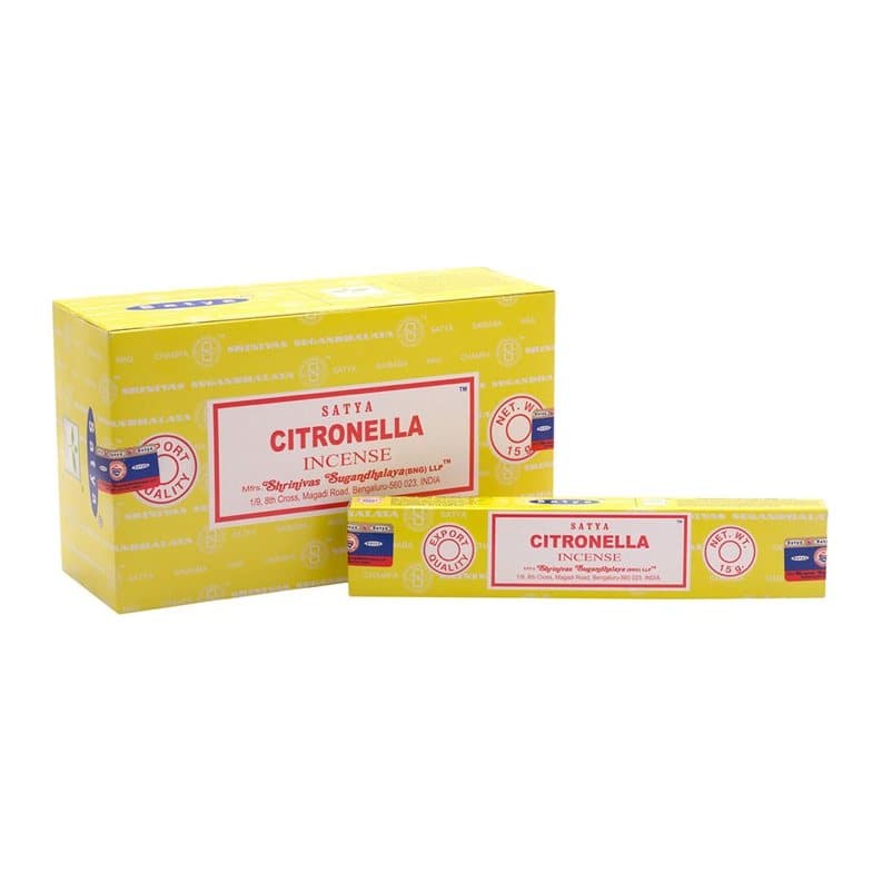 Colour cardboard box of 12 packs of Satya citronella incense sticks