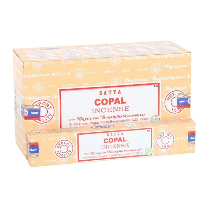Colour cardboard box of Satya copal incense sticks, 12 packs
