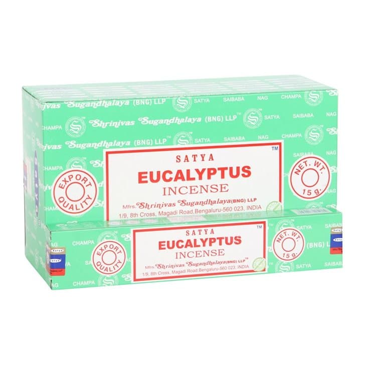 Colour cardboard box of 12 packs of Satya eucalyptus incense sticks