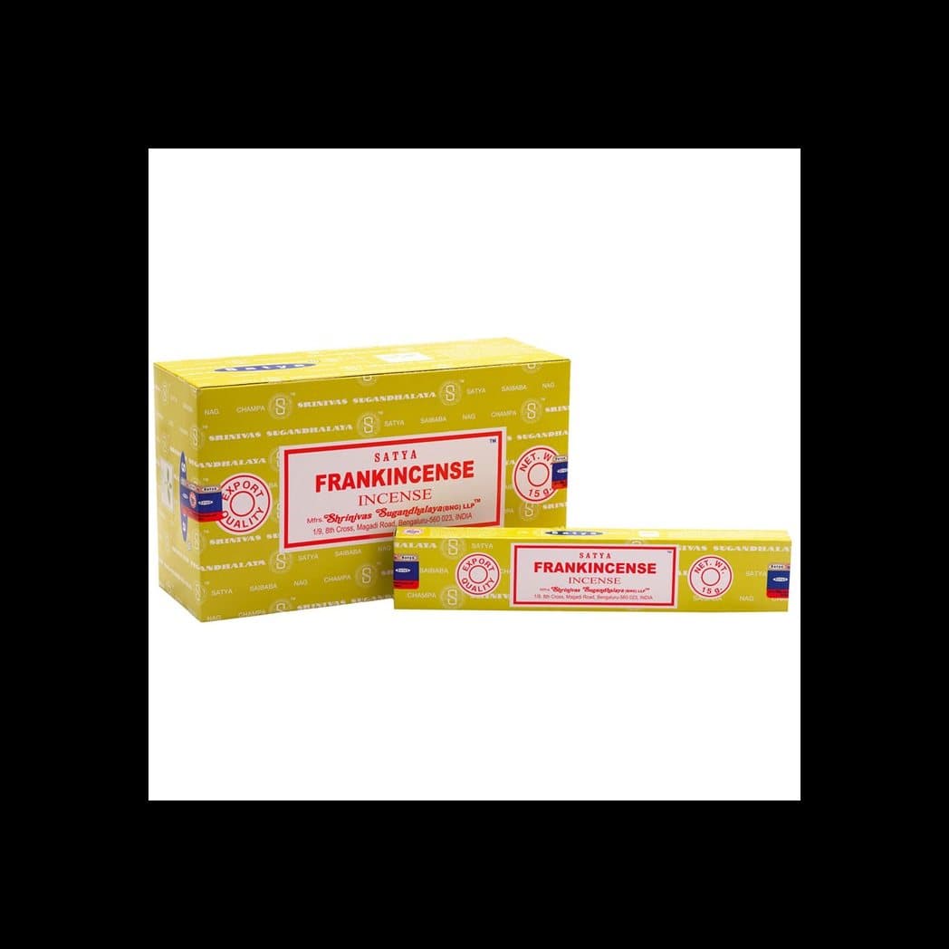 Colour cardboard box of 12 packs of Satya frankincense incense sticks