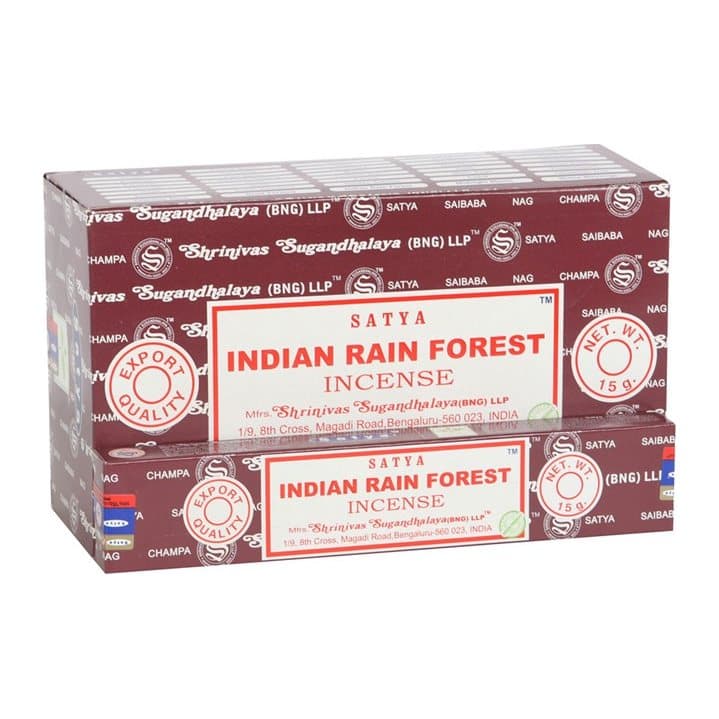 Colour cardboard box of 12 packs of Satya Indian Rain Forest incense sticks