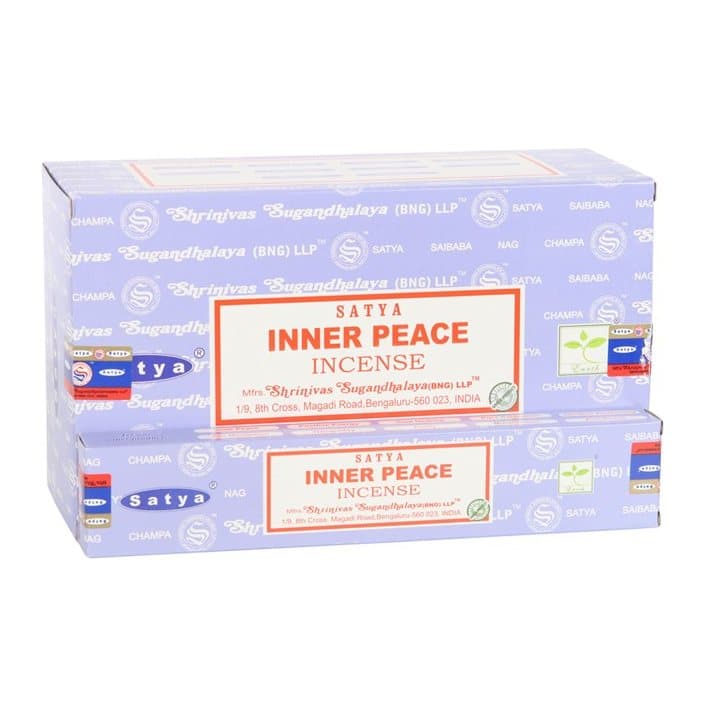 Colour cardboard box of 12 packs of Satya lavender and white sage incense