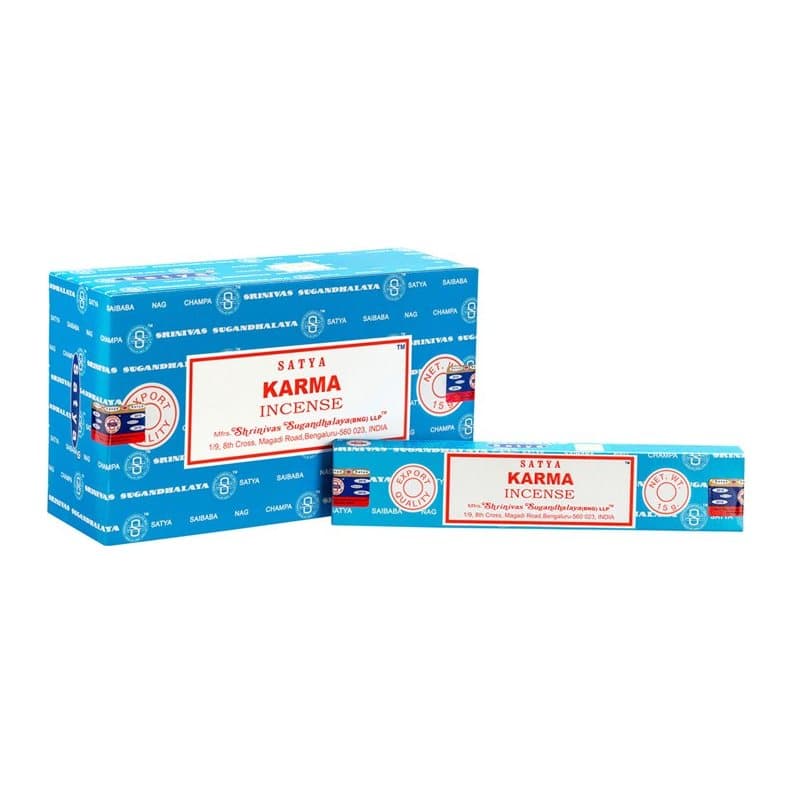 Colour cardboard box of 12 packs of Satya Karma incense sticks
