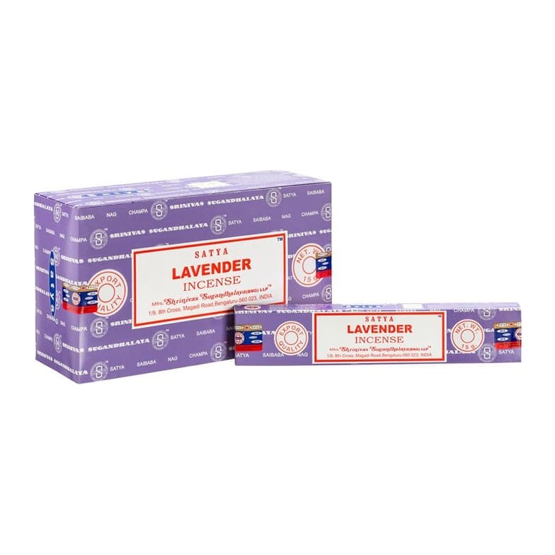 Colour cardboard box of 12 packs of Satya lavender incense sticks