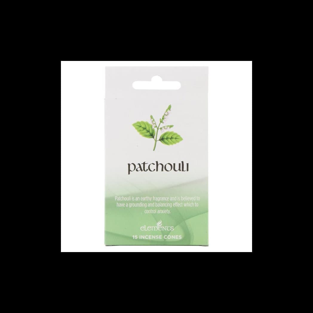 Display box of 12 packs of Elements patchouli incense cones with a metal holder