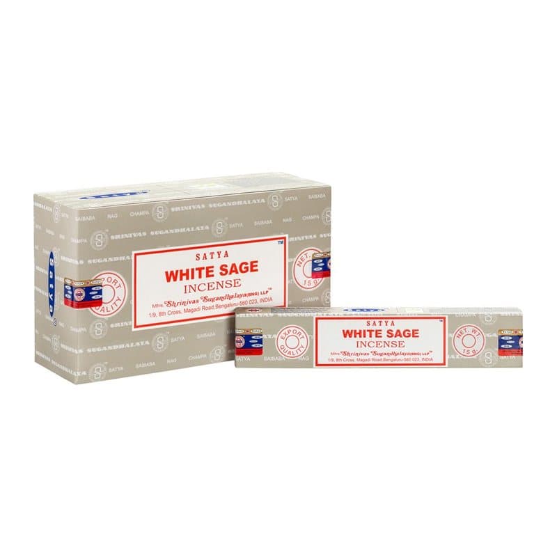Box of 12 packs of Satya sage incense sticks in white or blue