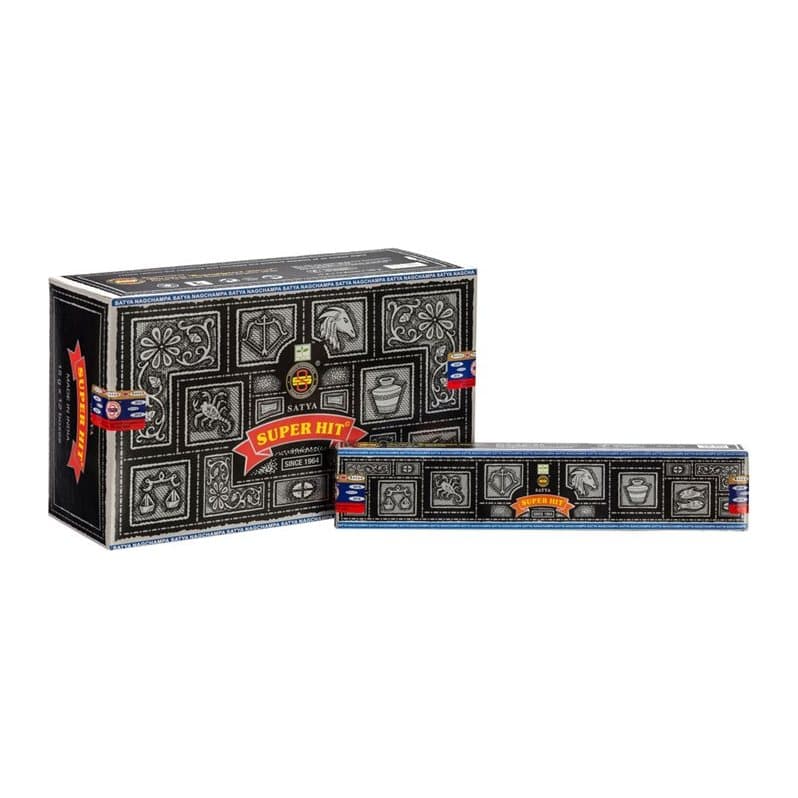 Colour cardboard box of 12 packs of Satya Super Hit incense sticks
