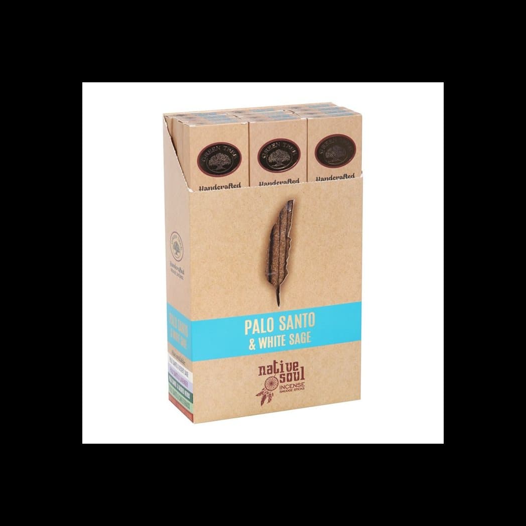 Boxed set of palo santo and white sage incense sticks in picture box