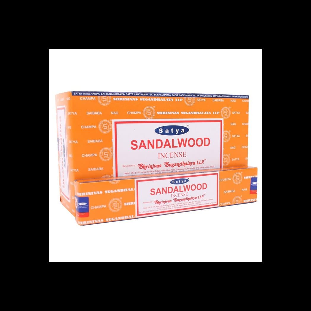 Colour box of 12 packs of Satya sandalwood incense sticks