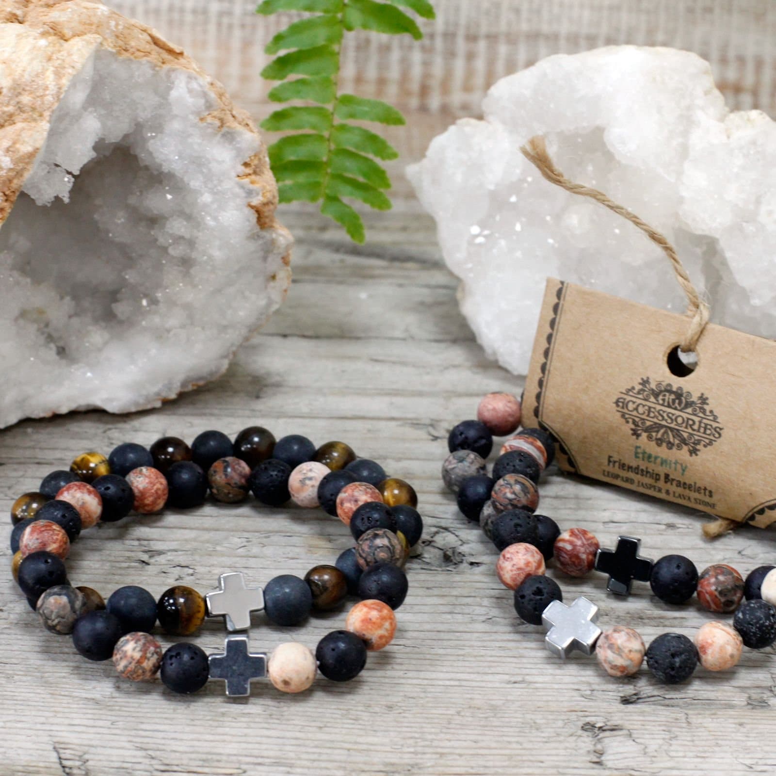 Two gemstone bracelets in leopard skin jasper and lava stone