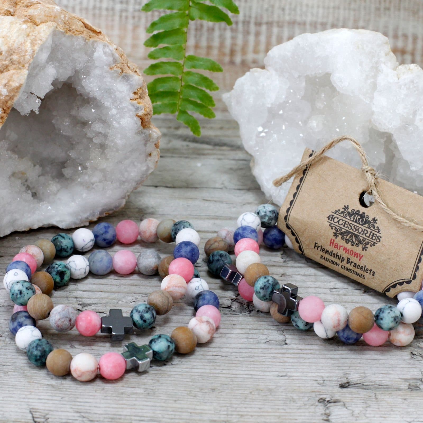 Two stretch bracelets of rainbow gemstone beads
