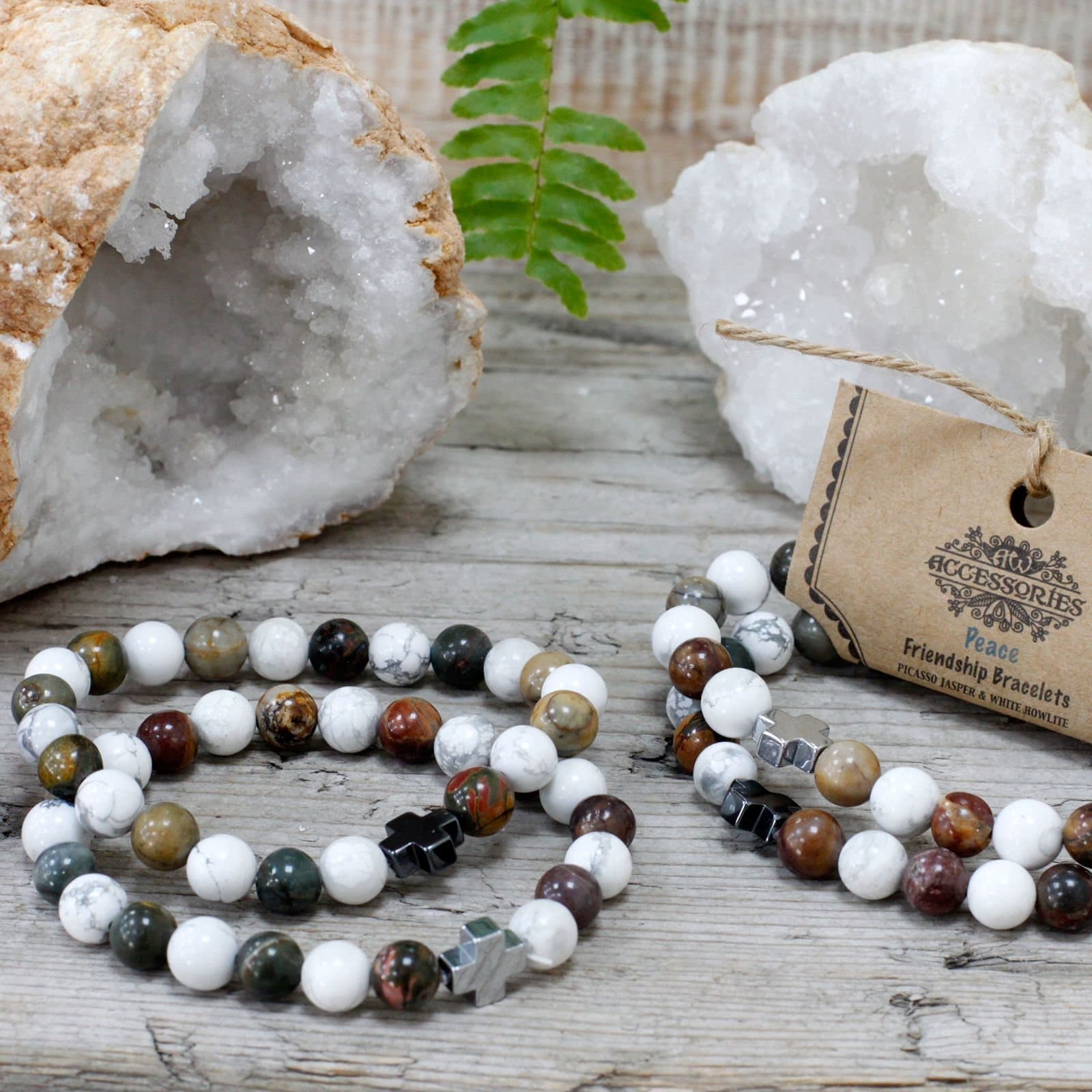 Two stretch gemstone bracelets in picasso jasper and white howlite