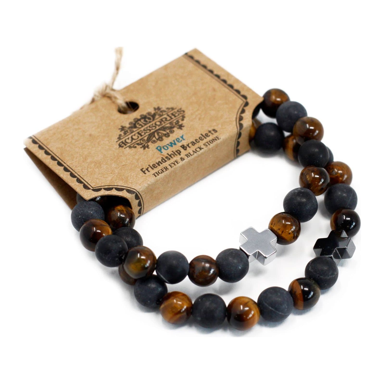 Two stretch friendship bracelets in tiger eye and black stone beads