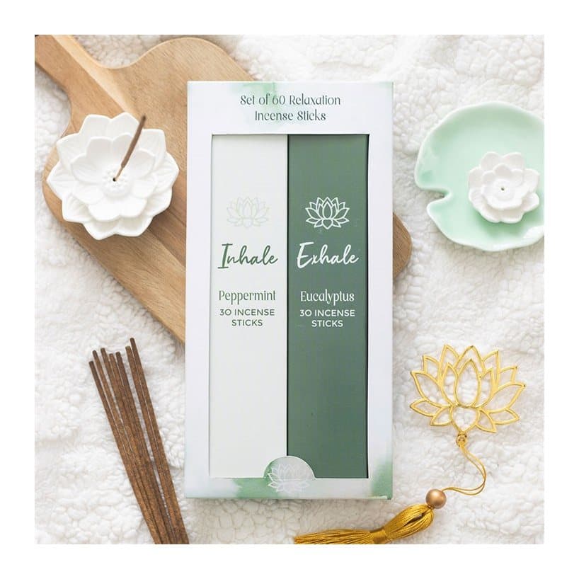 Two packs of Inhale and Exhale incense sticks in a colour box with a window